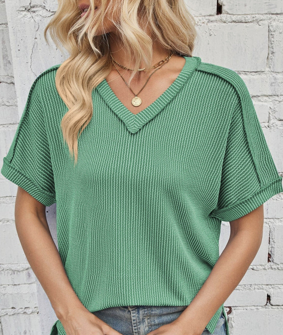 Cord Ribbed V-Neck Top