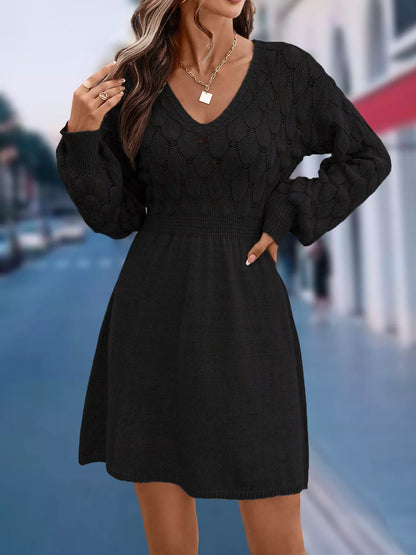 V-Neck Open Work Long Sleeve Sweater Dress