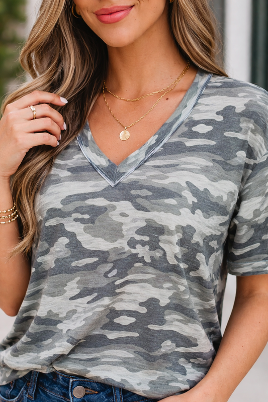 V Neck Raw Edge Tee Camo