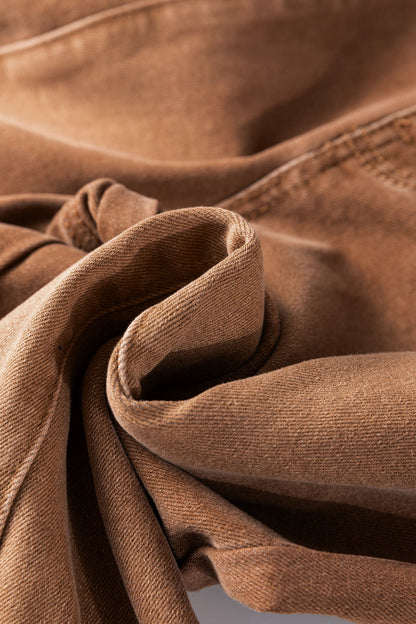 High Waist Button Fly Seamed Raw Hem Flare Jeans Coffee
