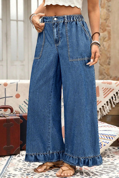 Plus Contemporary Ruffled Wide Leg Denim Pants