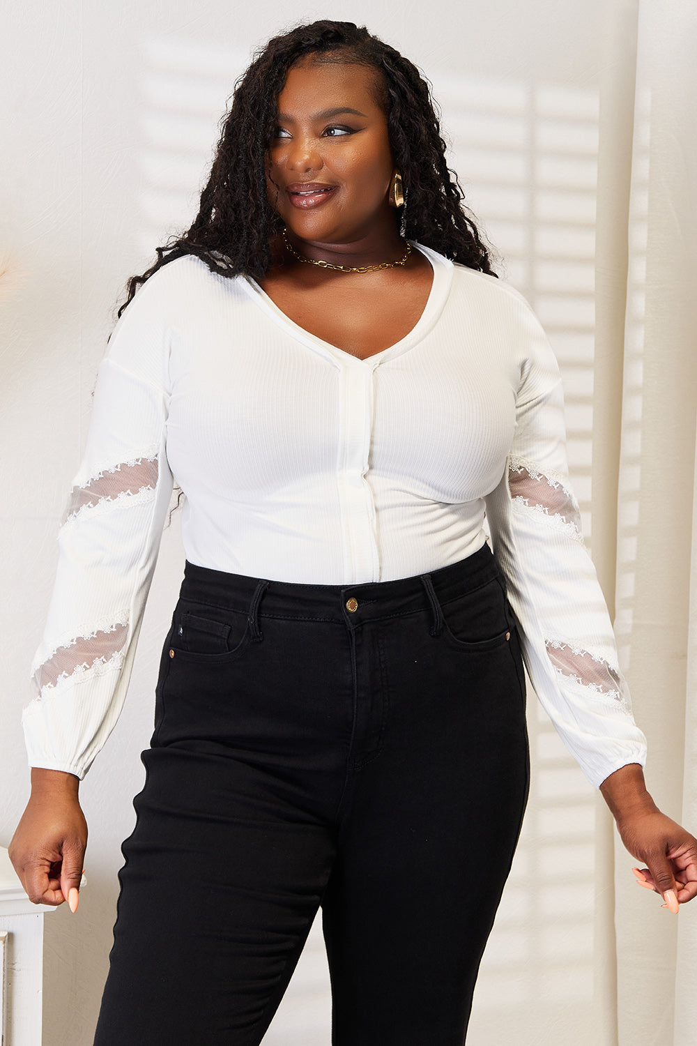 Peek Lace Sleeve V-Neck Dropped Shoulder Blouse