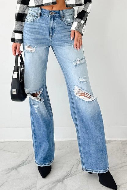 Distressed & Faded Straight Leg Jeans Myostis