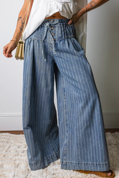 Blue & Stripe Pleated Waist Casual Wide Leg Denim Pants