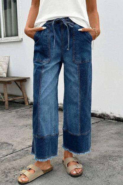 Fray Hem Wide Leg Denim Pants Prussian