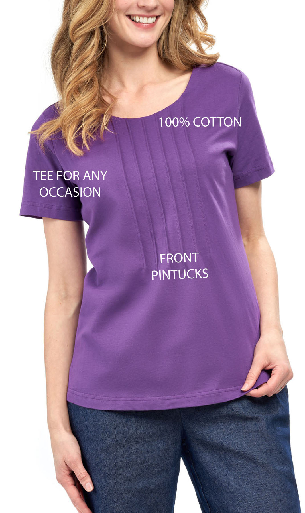 Short Sleeve Pintuck Scoop Neck Cotton Tee
