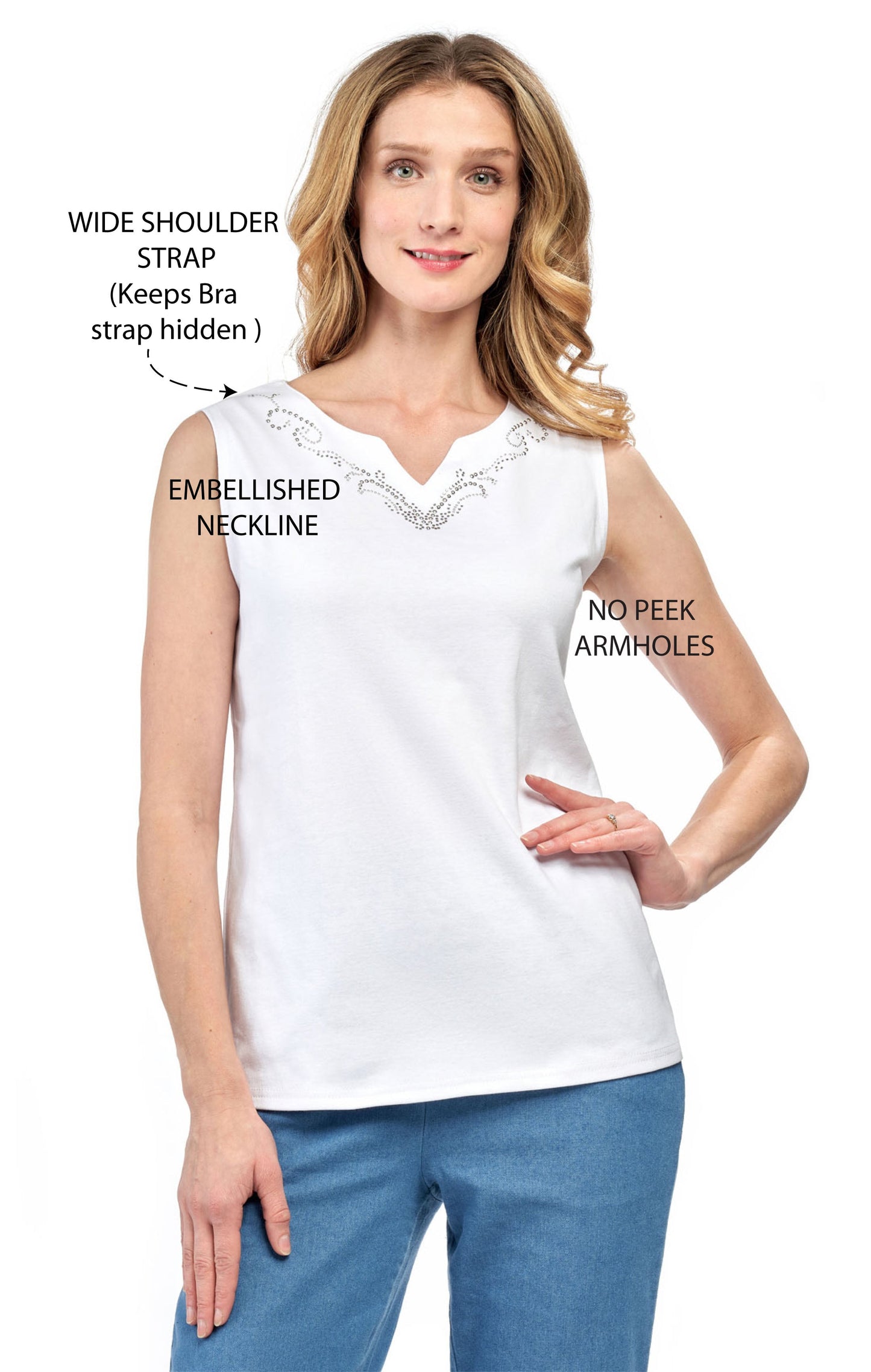 Rhinestone Notch V-Neck Sleeveless Tank