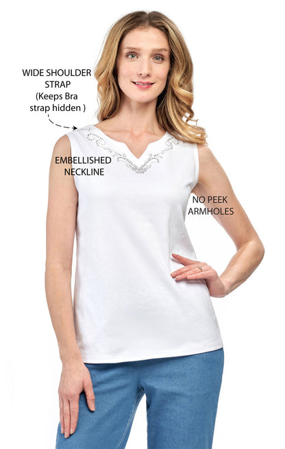 Rhinestone Notch V-Neck Sleeveless Tank
