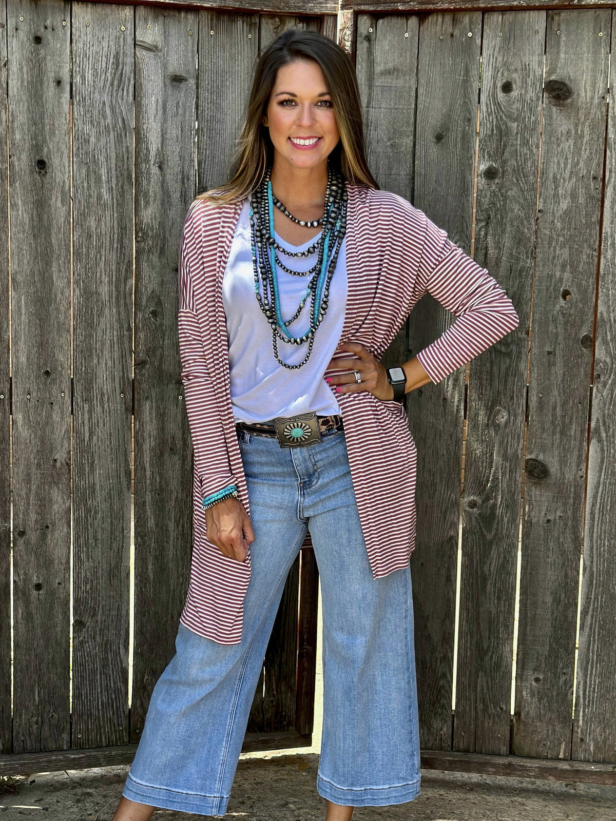 Mauve Striped Mid-Length Cardigan