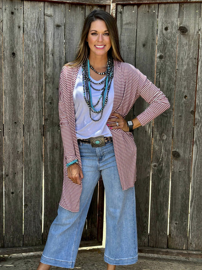 Mauve Striped Mid-Length Cardigan