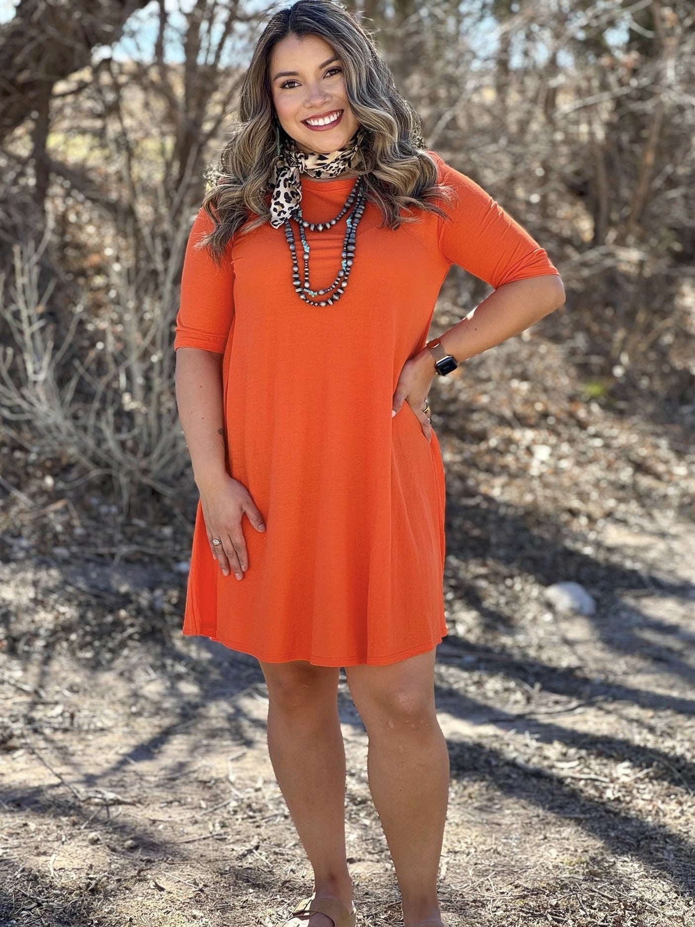 Three-Quarter Sleeve Solid Dress