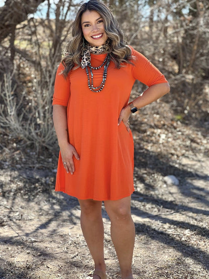 Three-Quarter Sleeve Solid Dress