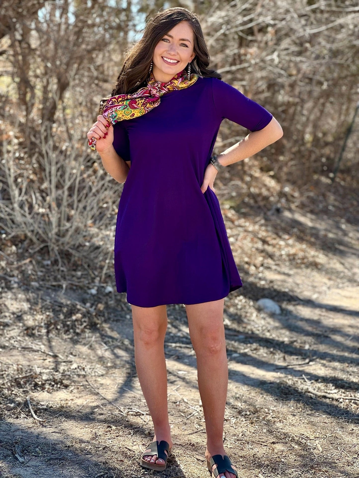 Three-Quarter Sleeve Solid Dress