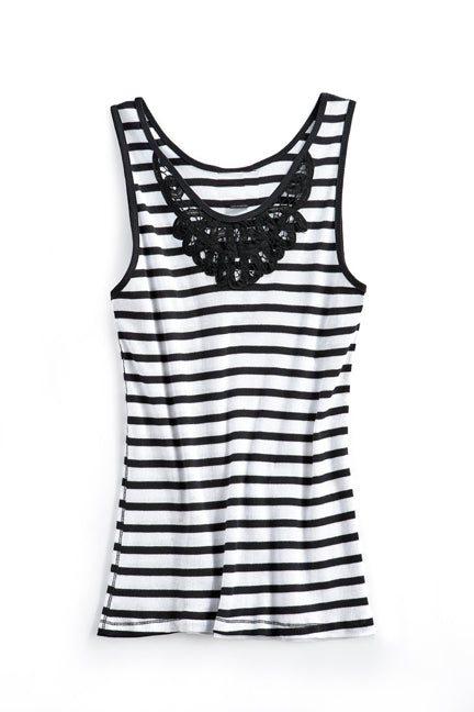 Crochet Lace Neckline Striped Sleeveless Tank Top