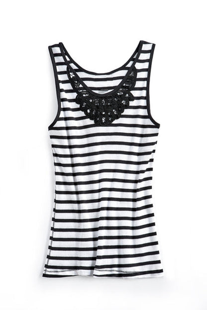 Crochet Lace Neckline Striped Sleeveless Tank Top