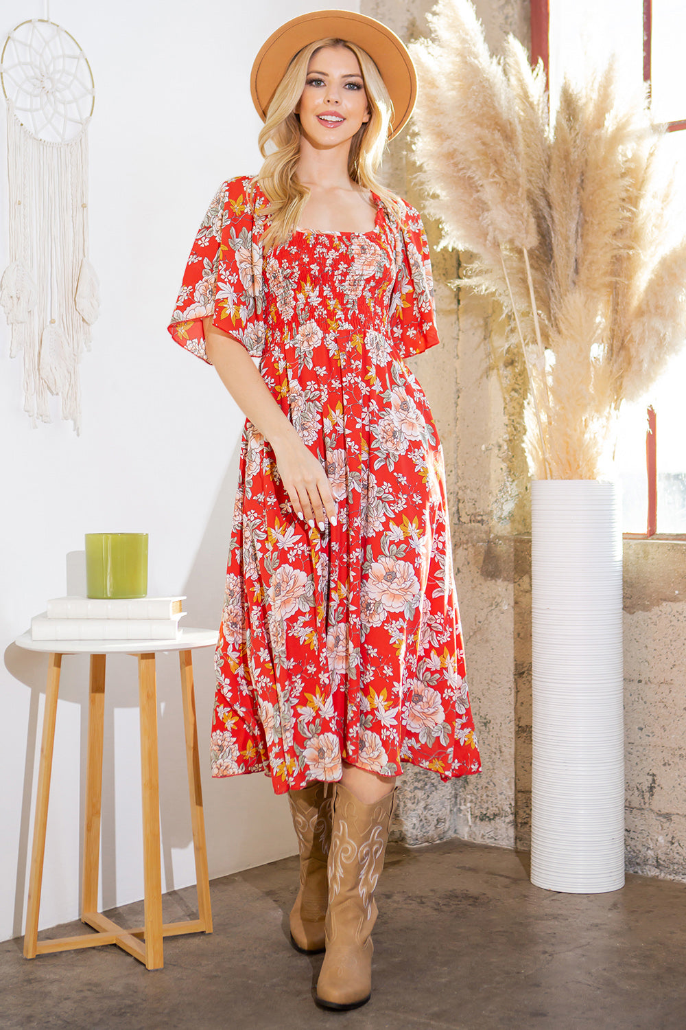 Smocked Floral Dress With Pockets