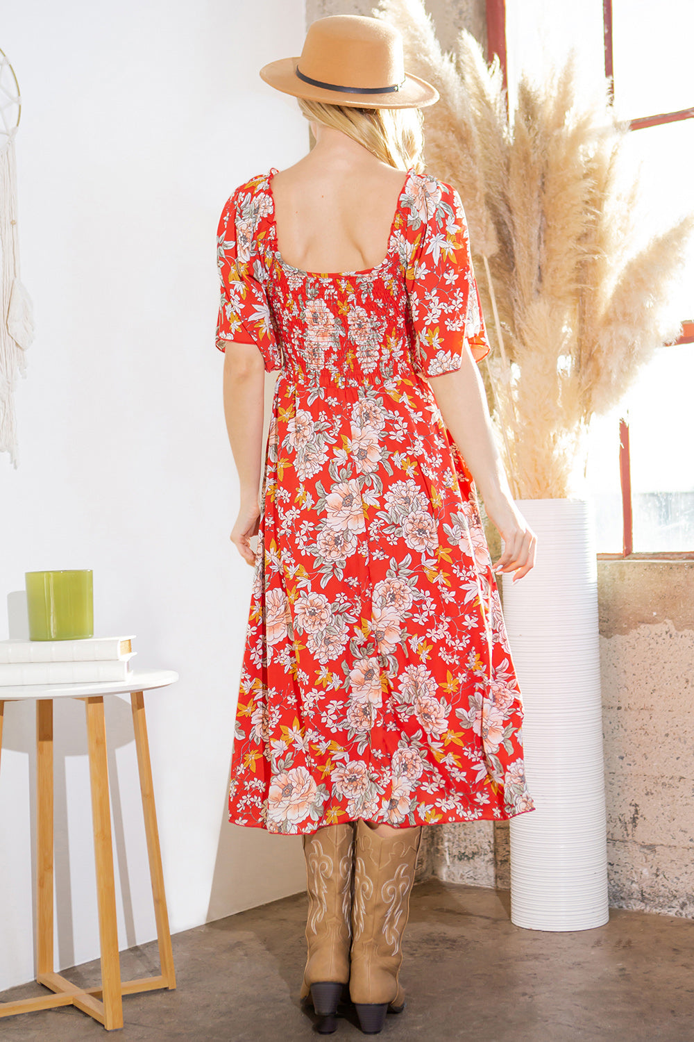 Smocked Floral Dress With Pockets