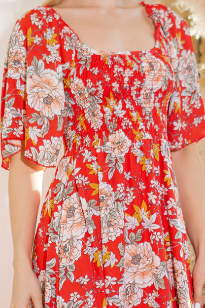 Smocked Floral Dress With Pockets