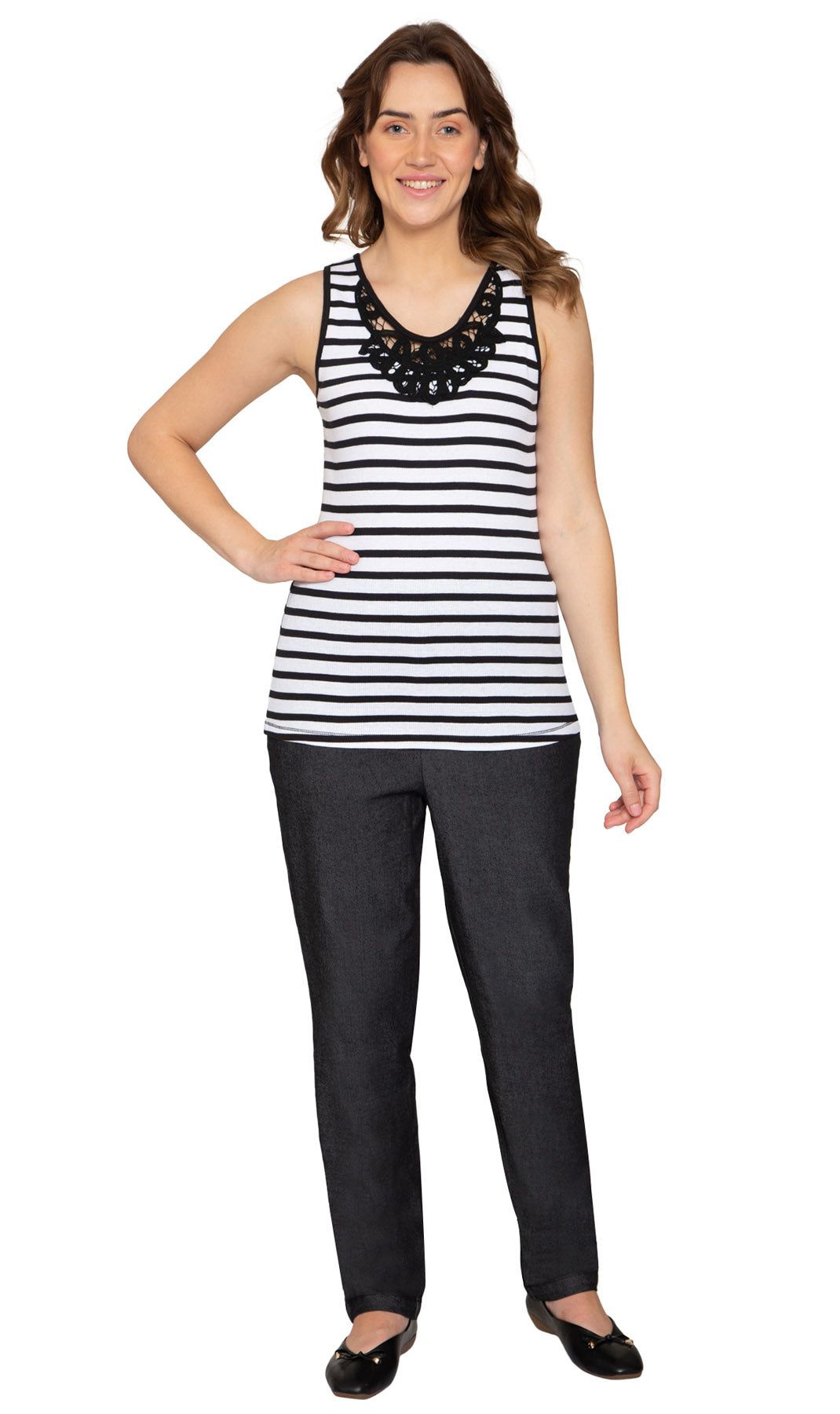 Crochet Lace Neckline Striped Sleeveless Tank Top