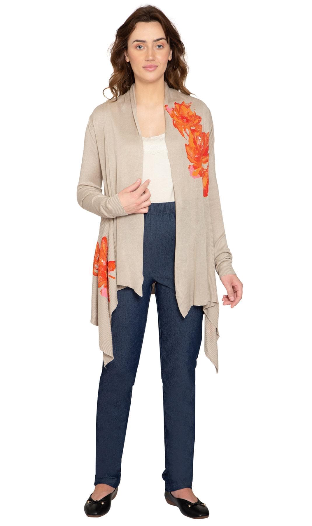 Floral Embellished Open Front Long Cardigan