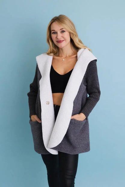 Gray Sherpa Hooded Cardigan