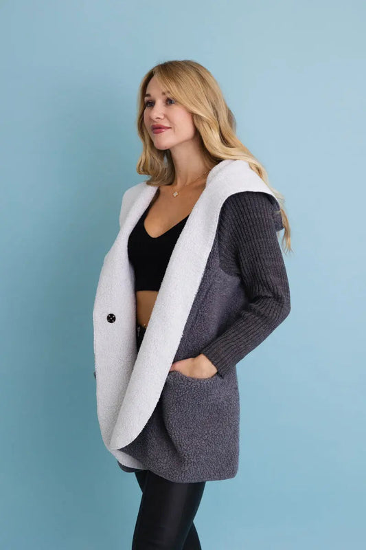 Gray Sherpa Hooded Cardigan