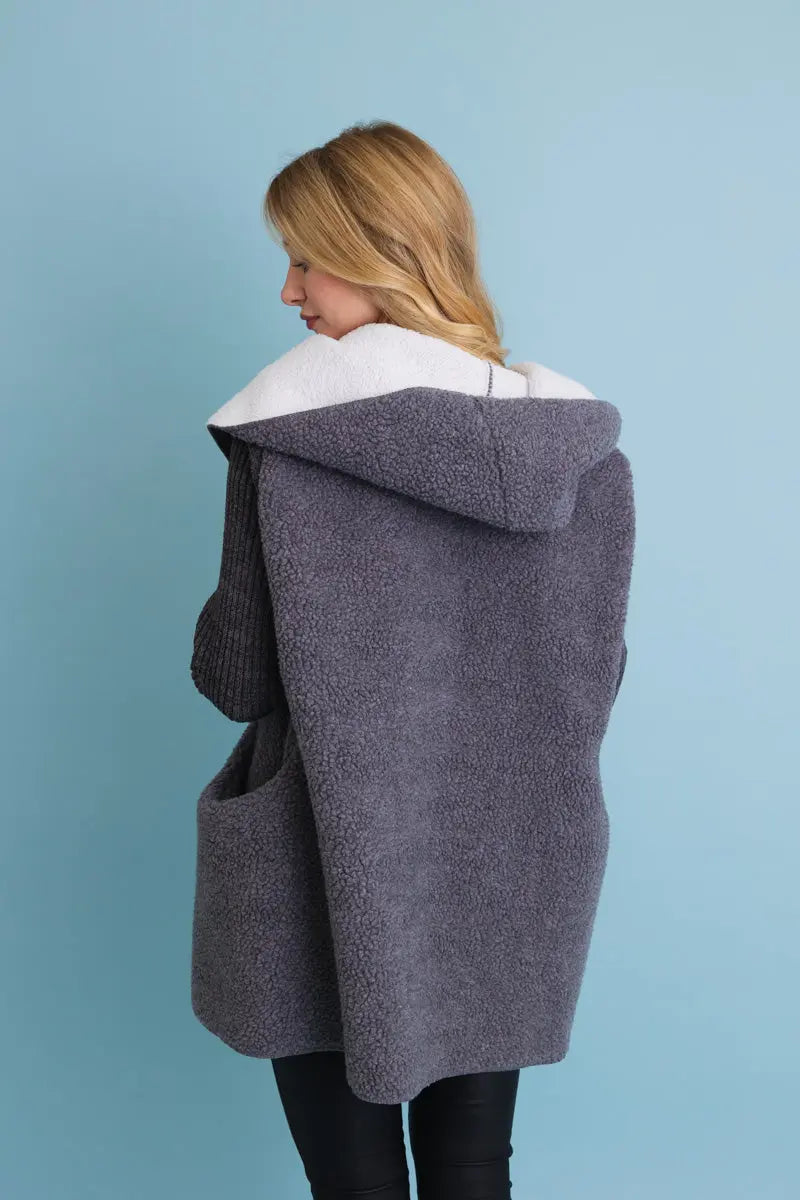 Gray Sherpa Hooded Cardigan
