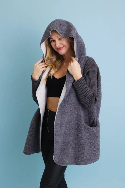 Gray Sherpa Hooded Cardigan