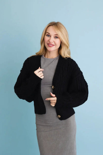 Chunky Cable Knit Button Cropped Cardigan