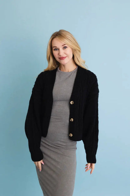 Chunky Cable Knit Button Cropped Cardigan