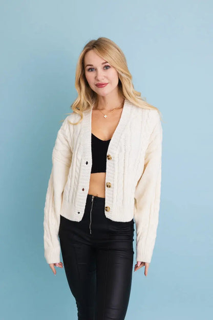Chunky Cable Knit Button Cropped Cardigan