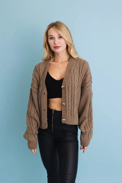 Chunky Cable Knit Button Cropped Cardigan