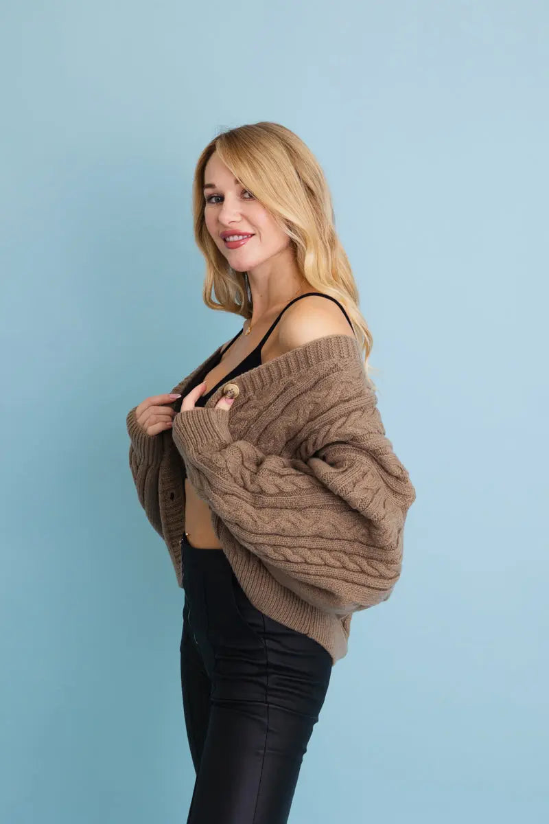 Chunky Cable Knit Button Cropped Cardigan