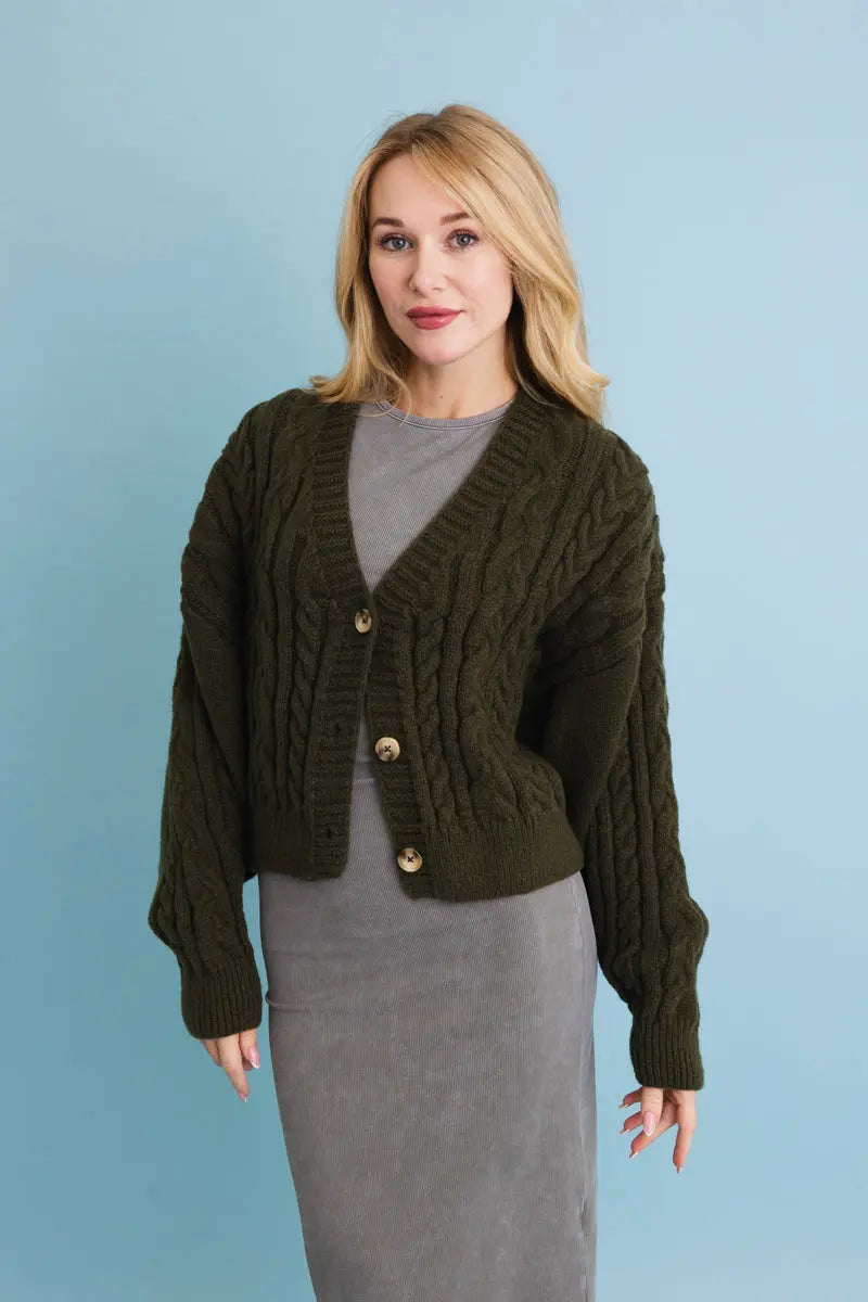 Chunky Cable Knit Button Cropped Cardigan
