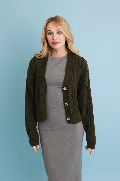 Chunky Cable Knit Button Cropped Cardigan