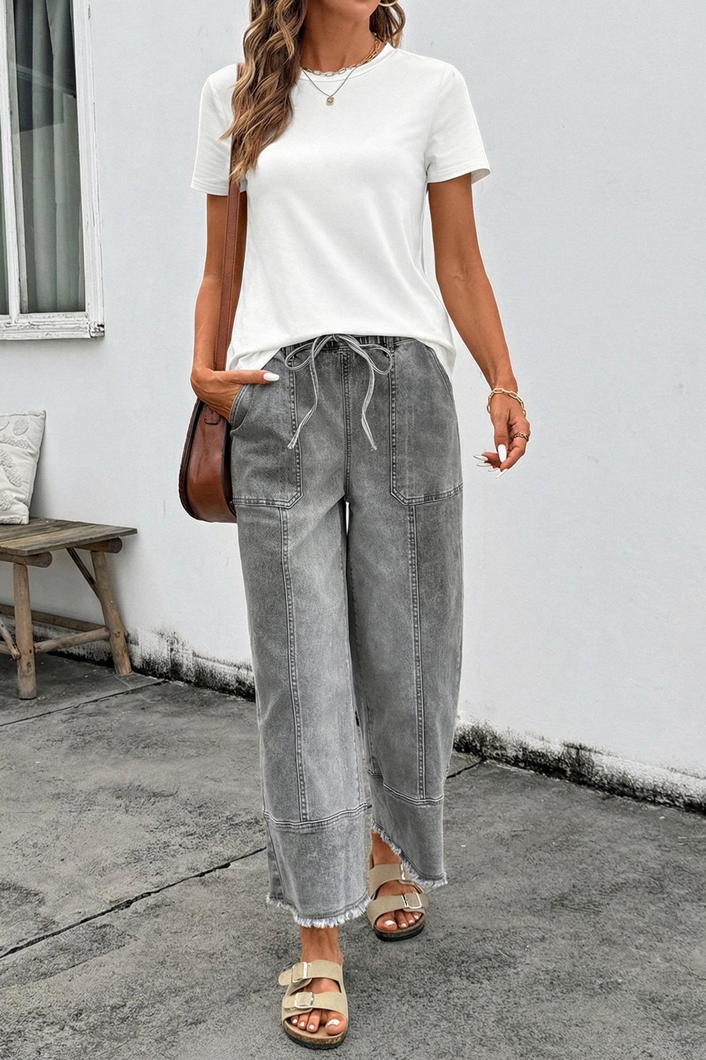 Fray Hem Wide Leg Denim Pants