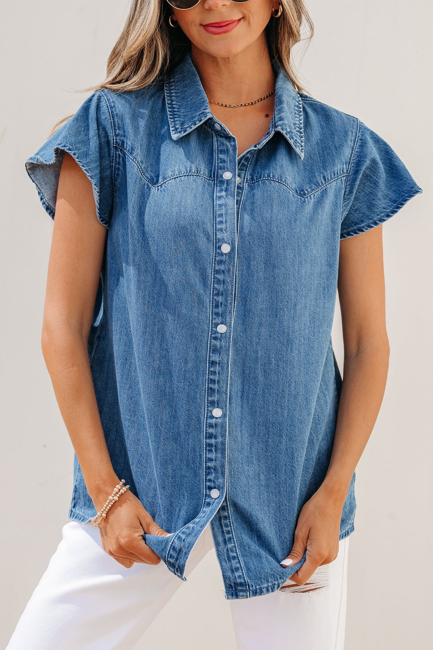 Ruffled Short Sleeve Denim Shirt