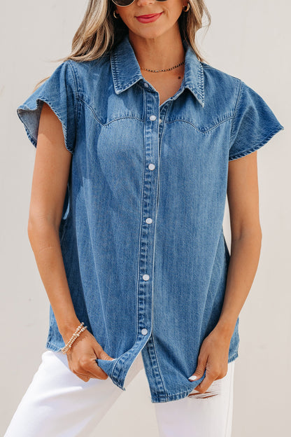 Ruffled Short Sleeve Denim Shirt