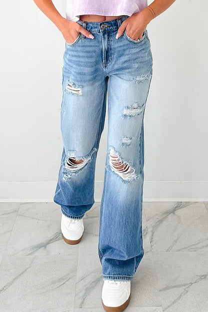 Distressed & Faded Straight Leg Jeans Myostis
