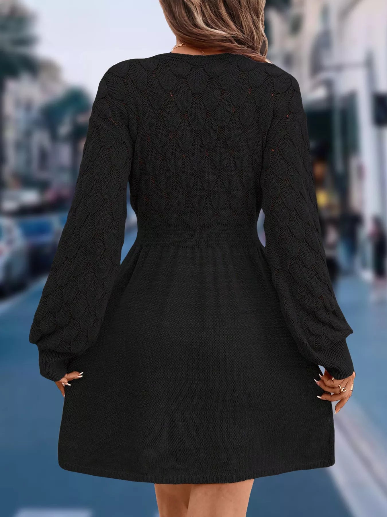 V-Neck Open Work Long Sleeve Sweater Dress