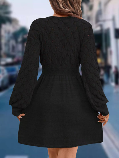 V-Neck Open Work Long Sleeve Sweater Dress