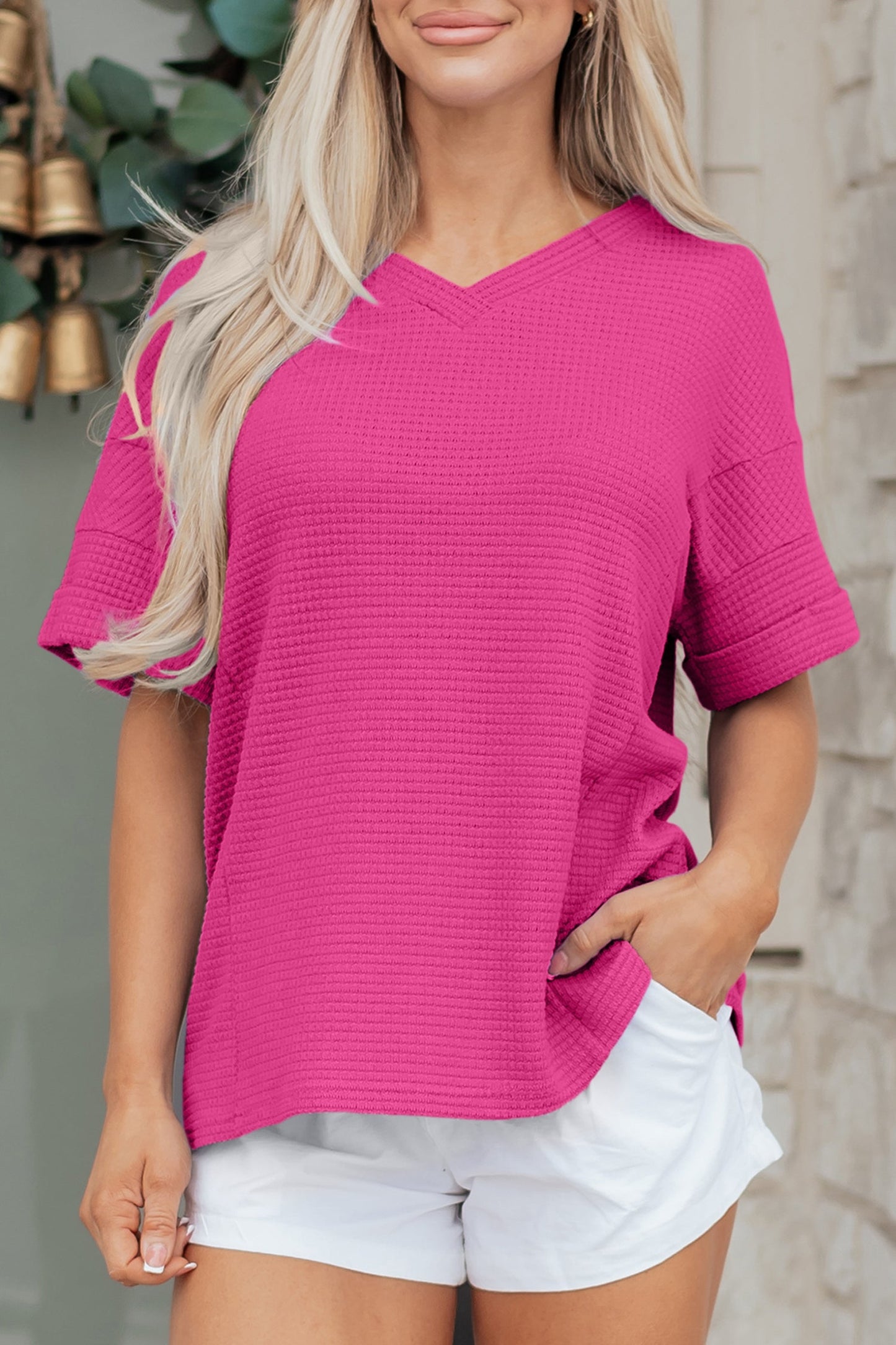 V-Neck Waffle Short Sleeve Top