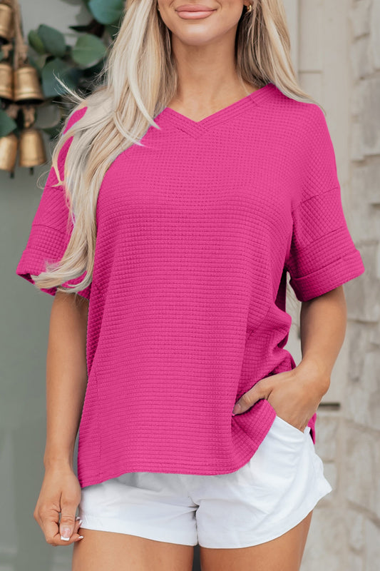 V-Neck Waffle Short Sleeve Top