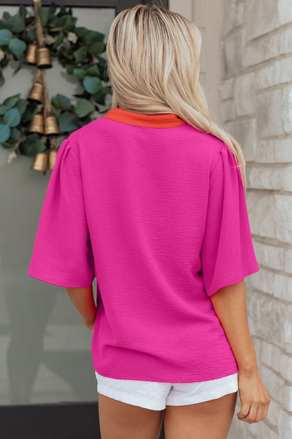 Color Block Wide Short Sleeve Blouse