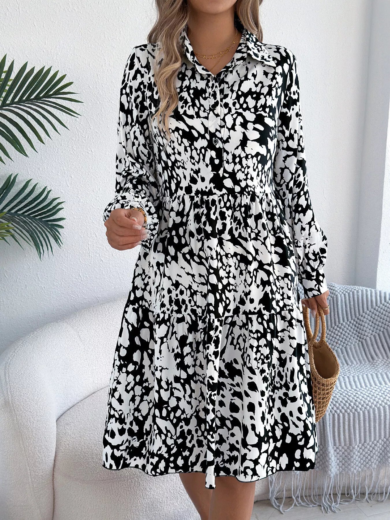 Collared Neck Long Sleeve Print Dress