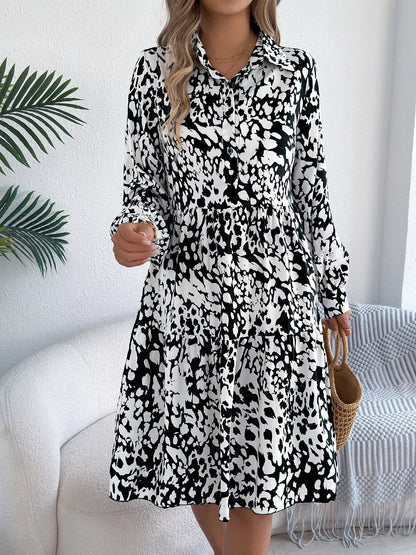 Collared Neck Long Sleeve Print Dress