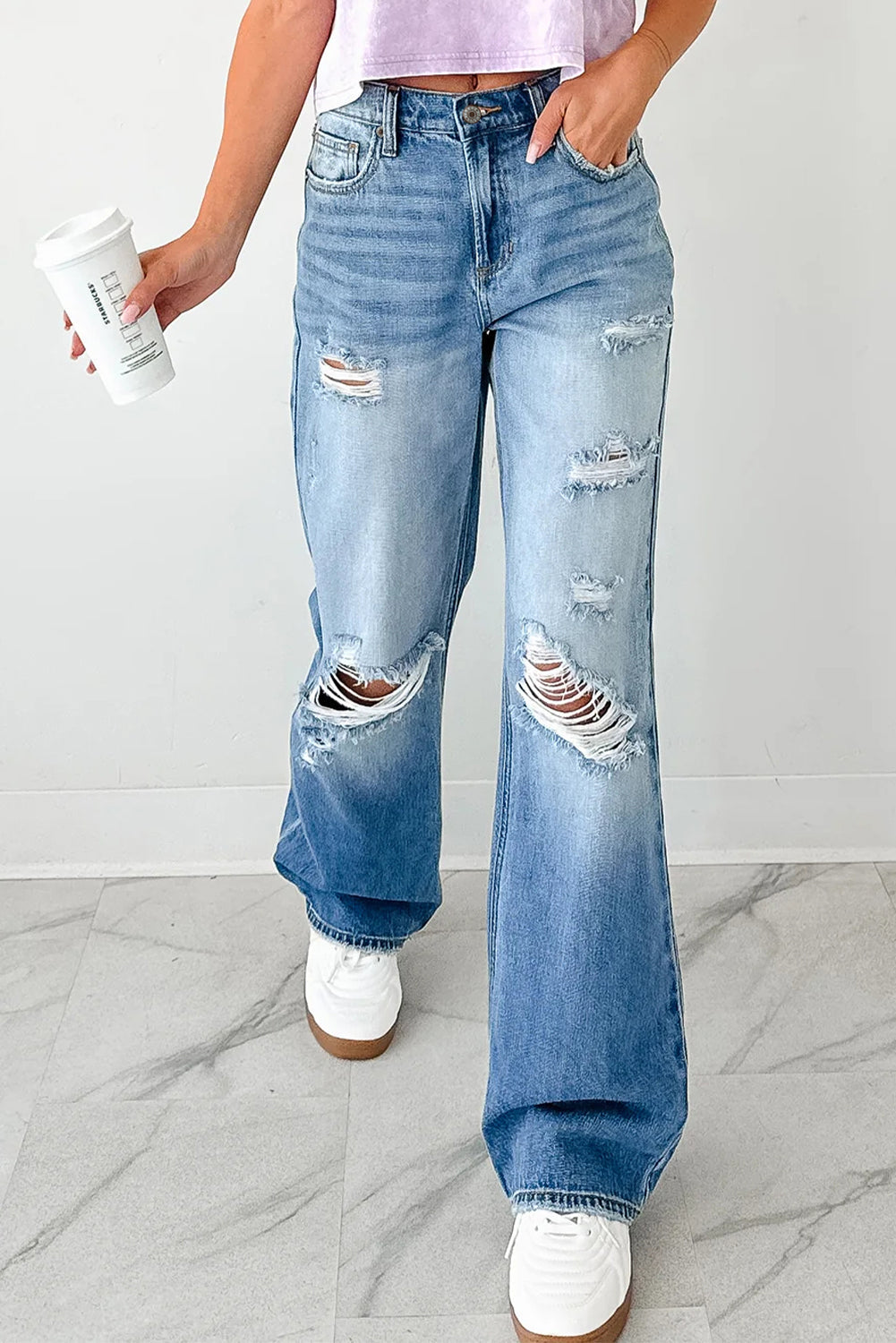 Distressed & Faded Straight Leg Jeans Myostis
