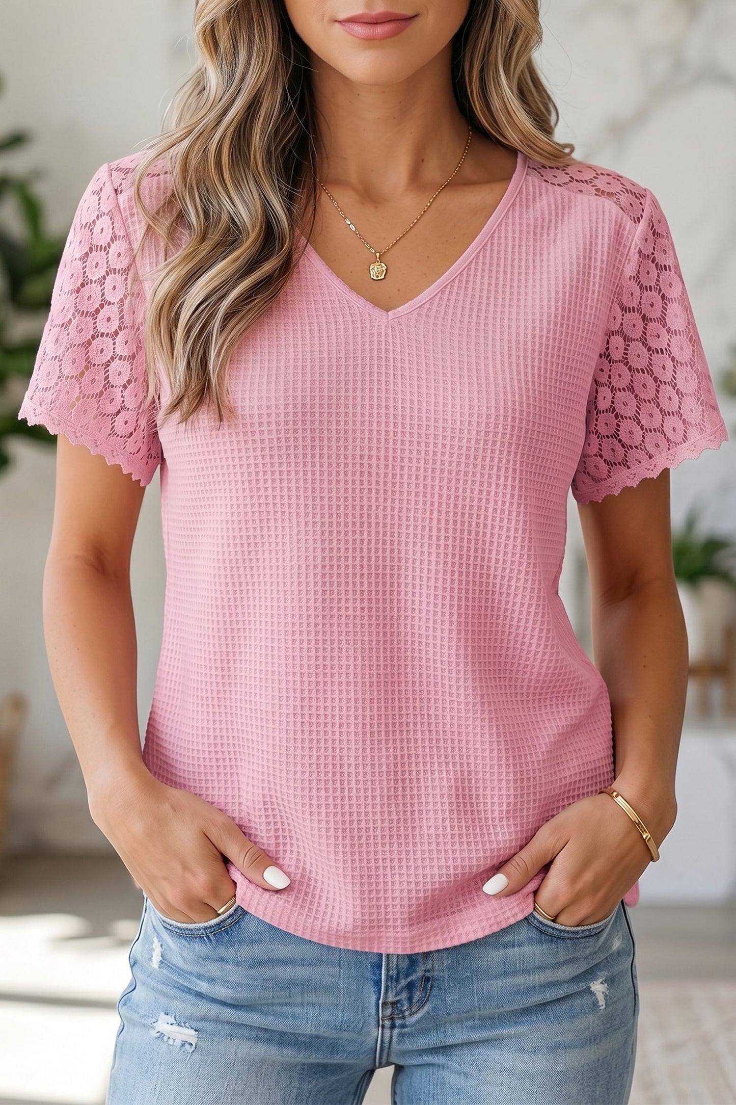 Waffle Knit Lace Cutout Blouse
