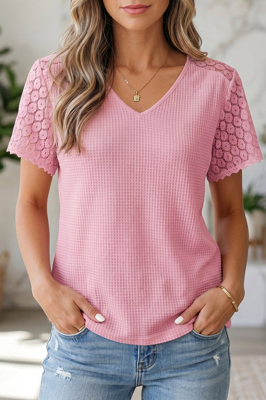 Waffle Knit Lace Cutout Blouse