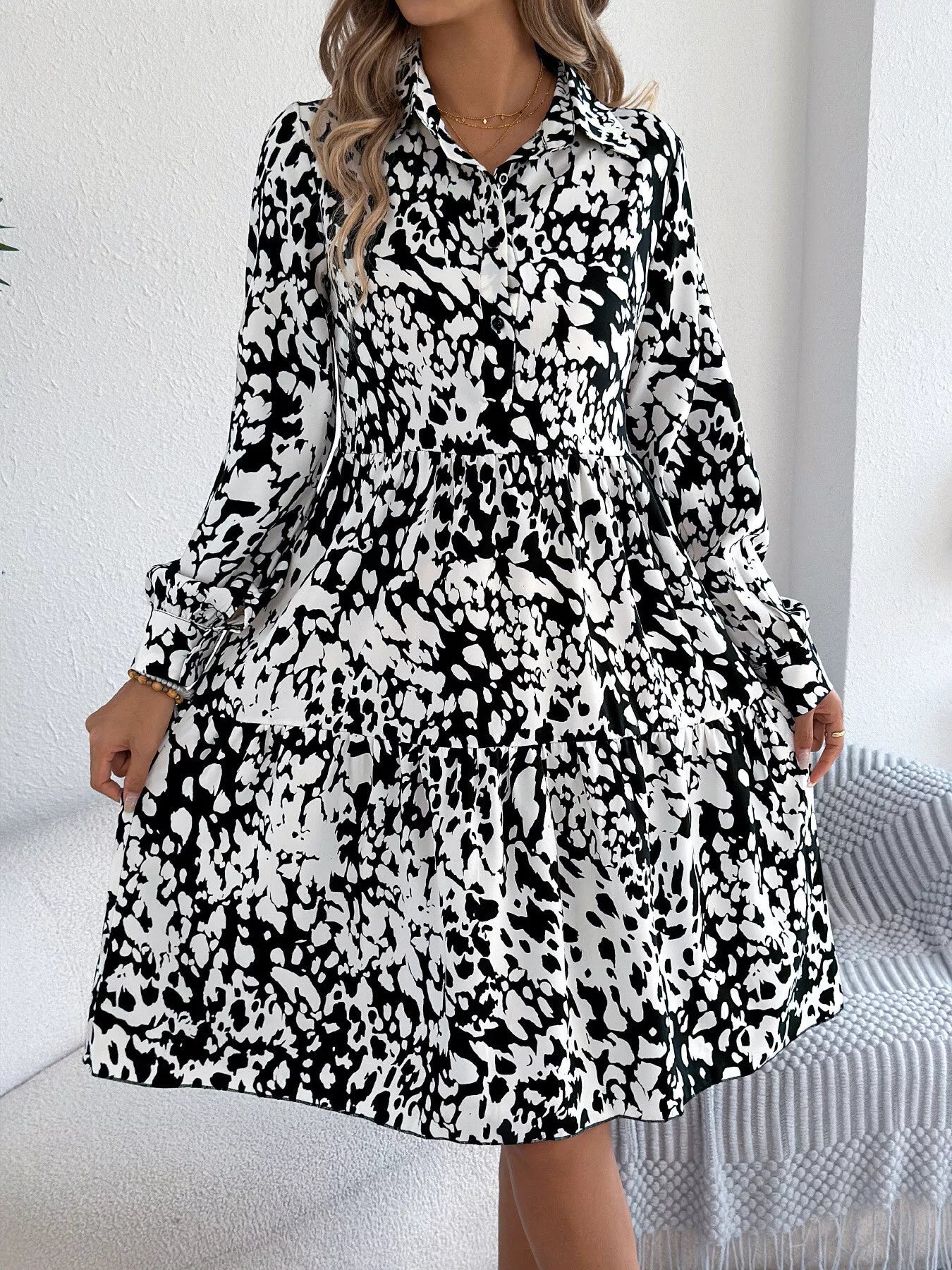 Collared Neck Long Sleeve Print Dress